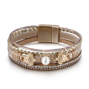 Wholesale Ethnic Style Pearl Turtle Magnetic Buckle Multi-layer PU Leather Woven Bracelet