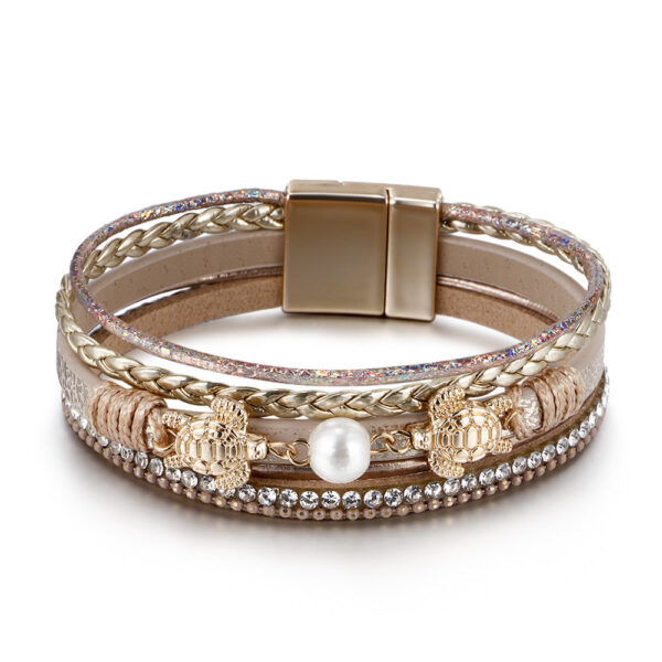 Wholesale Ethnic Style Pearl Turtle Magnetic Buckle Multi-layer PU Leather Woven Bracelet