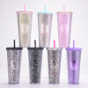 Wholesale Double-layer Plastic 710ml Durian Prick Hand Luminous Color Changing Rainbow Gradient Straw Cup