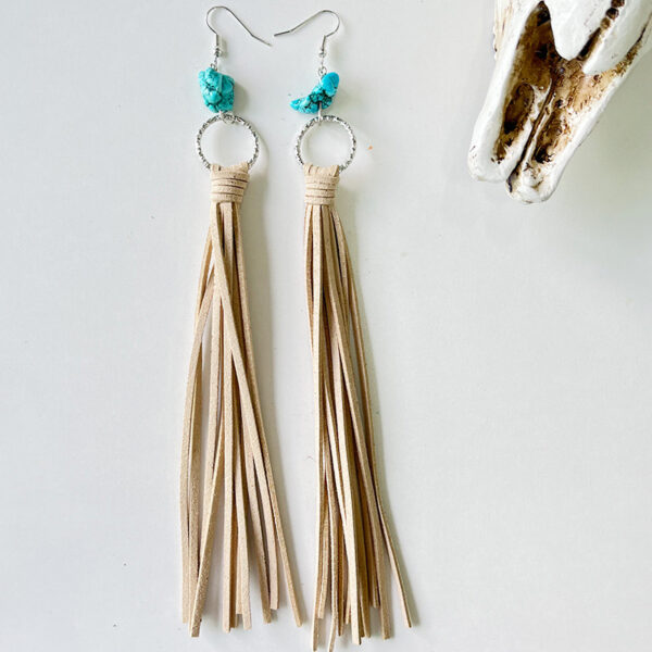 Wholesale Exaggerated Leather Tassel Turquoise Multi-color Earrings 2 in A Pack