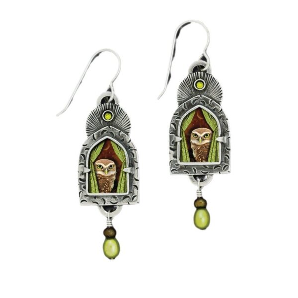 Wholesale Vintage Owl Diamond Pearl Metal Earrings
