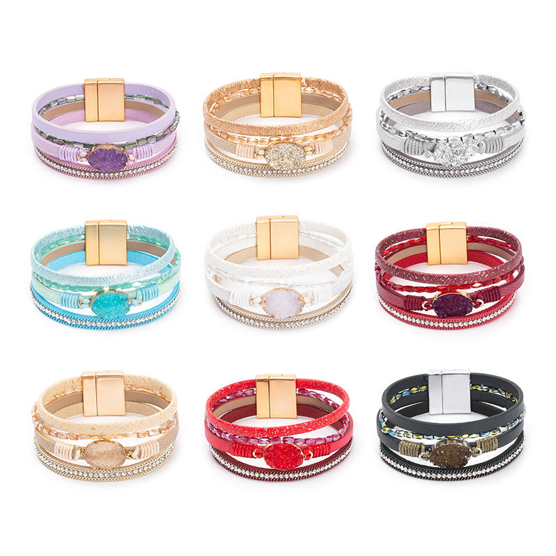 Wholesale Crystal Studded Vintage Ethnic Style Beaded Leather Bracelet