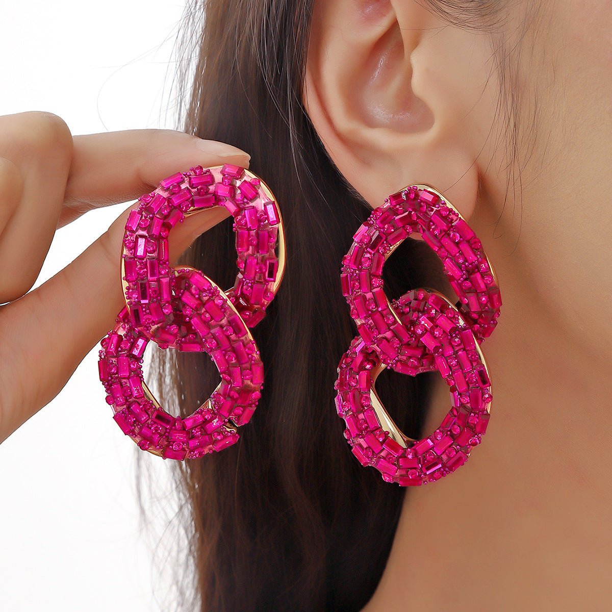 Wholesale Full Diamond Shiny Chain Shaped Metal Earrings