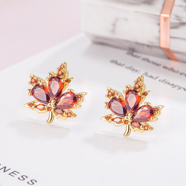 Wholesale Red Zircon Maple Leaf Copper Earrings