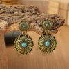 Wholesale Retro Ethnic Style Golden Pumpkin Flower Inlaid Turquoise Long Alloy Earrings