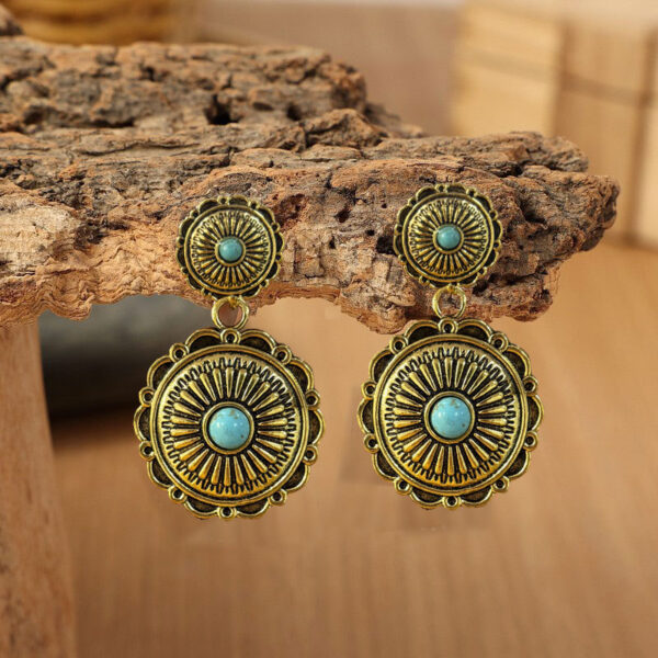 Wholesale Retro Ethnic Style Golden Pumpkin Flower Inlaid Turquoise Long Alloy Earrings