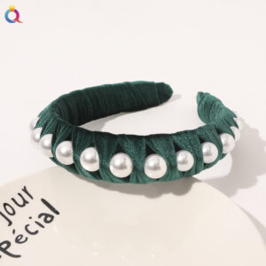 Woven Flannel Pearl Hair Band-Dark Green No. 46 / Qiyue factory direct sales (can be customized)