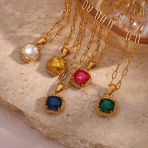 Wholesale Vintage Stainless Steel Paper Clip Chain Square Gemstone Necklace