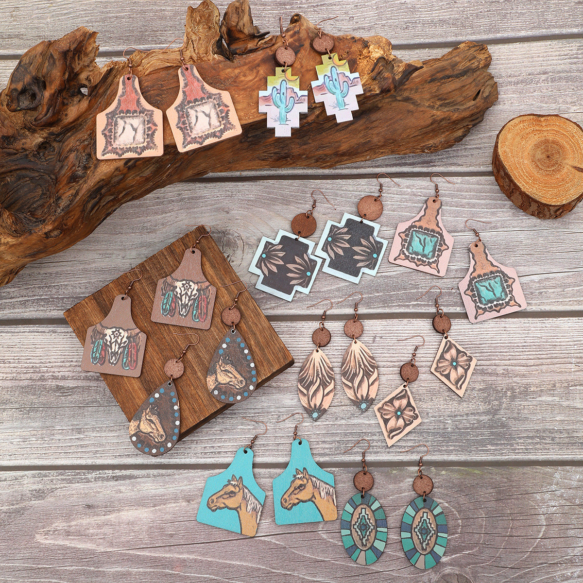 Wholesale of Western Wind Bull Head Suower Cactus Horse Head Wooden Slice Earrings