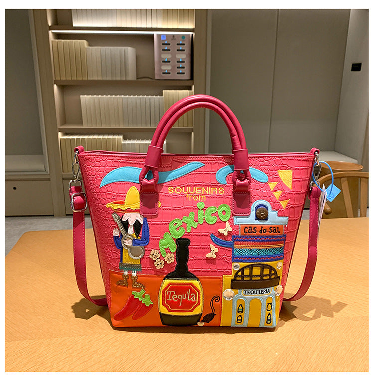Wholesale PU Mexican Theme Embroidery Large Capacity Casual Shoulder Bag