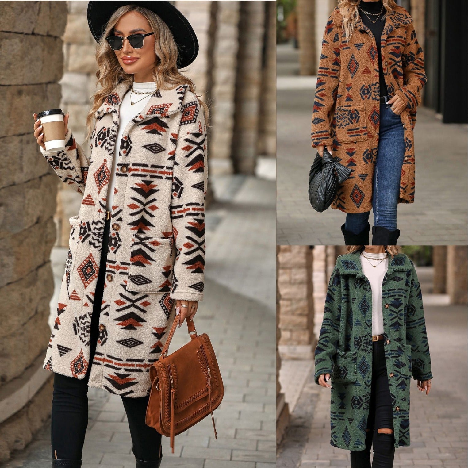 Wholesale Veet Western Style Aztec Plush Long Coat