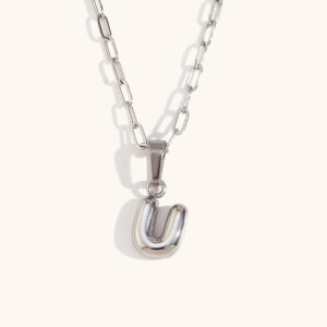 Mini bubble letter paper clip chain necklace-Silver-U