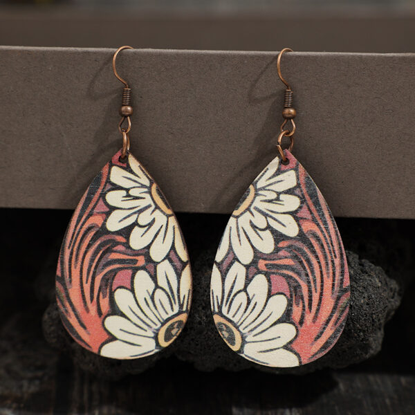 Wholesale Vintage Feng Shui Drop Shaped Sunflower Wooden Earrings