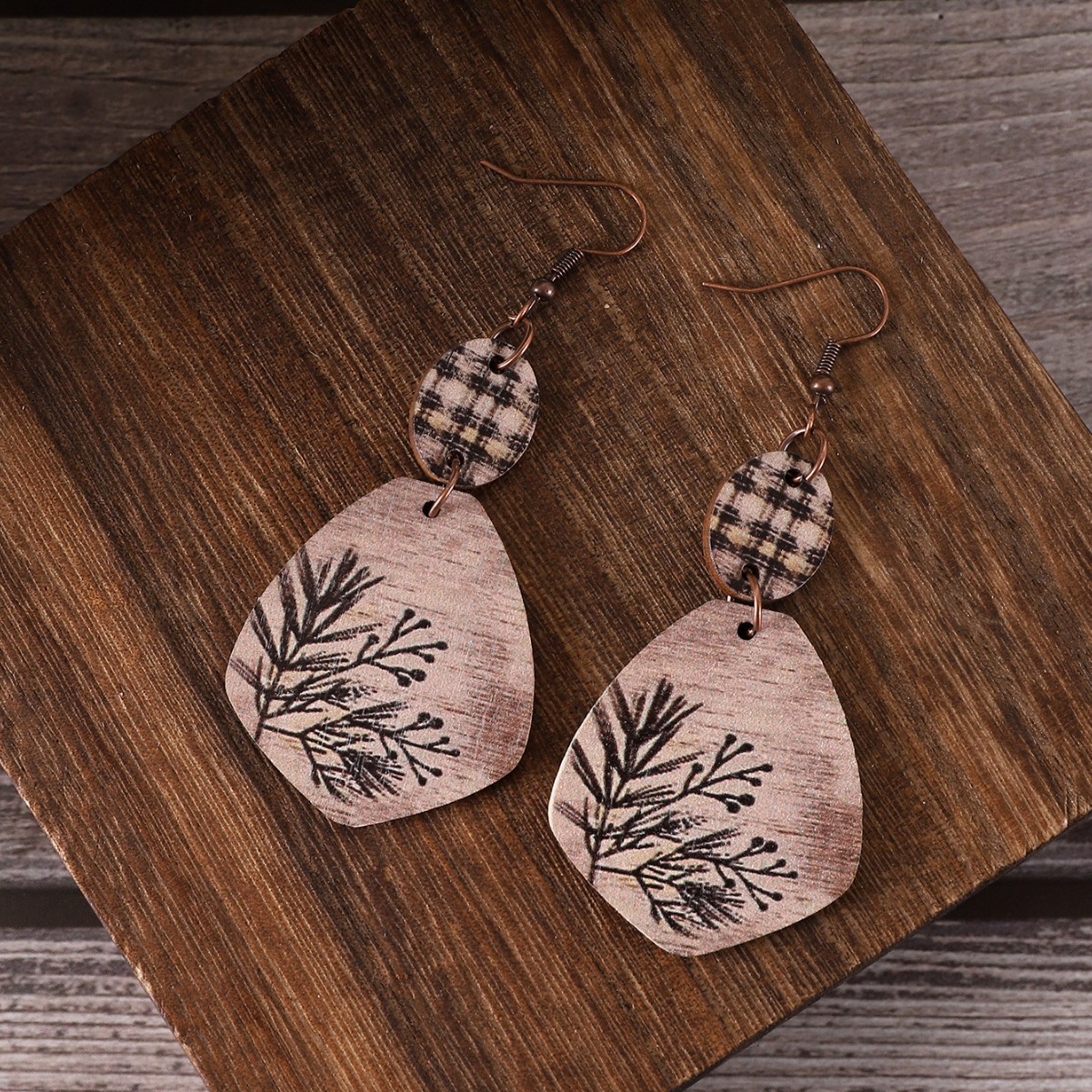 Wholesale Retro Western Wooden Printed Leopard Pattern Leaf Pattern Earrings Earrings op Earrings Cross Border