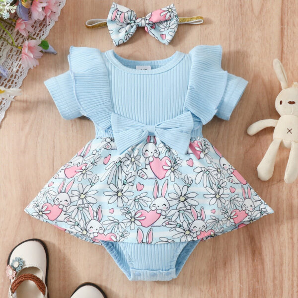 Wholesale Easter Cotton Baby One Piece Rabbit Ripple Bow Dress