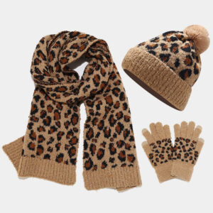 Wholesale Autumn and Winter Cold-proof and Warm Thickened Wool Knitted Leopard Print Scarf and Gloves Three-piece Set