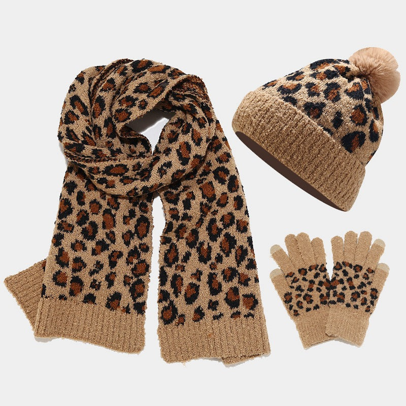 Wholesale Autumn and Winter Cold-proof and Warm Thickened Wool Knitted Leopard Print f and Gloves Three-piece Set