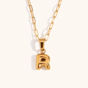 Mini bubble letter paper clip chain necklace-Gold-R