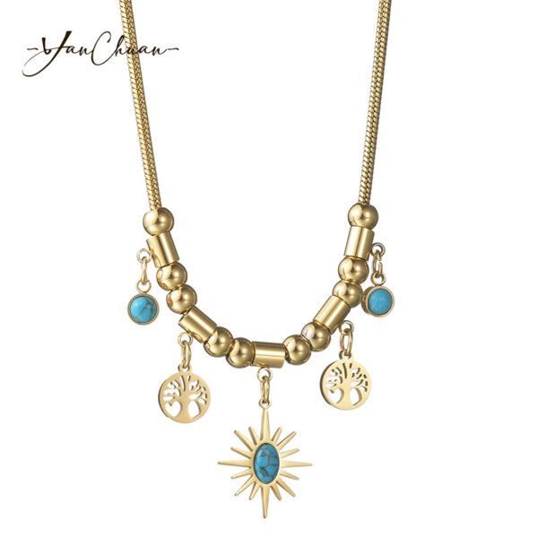 O1CN01cvQYPG1v0tKKrBEd2_2212884106111-0-cib Wholesale Titanium Steel Sunflower Turquoise Pendant Necklace