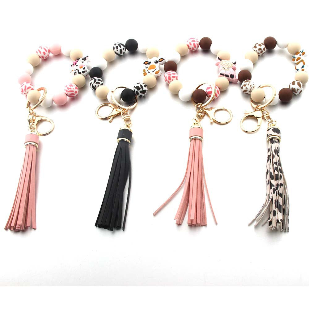 Wholesale Silicone Cartoon Animal Cow Highland Cattle Tassel Wrist Keychain