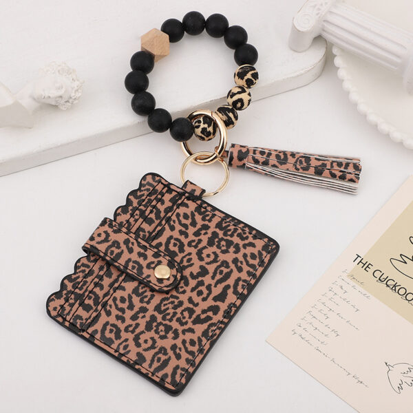 Wholesale Leopard Silicone Beaded Leather Tassel Card Bag Wrist Keychain
