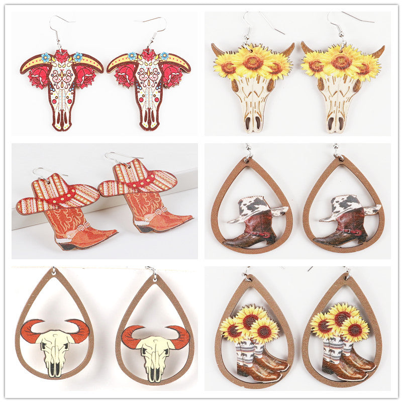 Wholesale Western Style Suower Cow Head Boots Wood Chip Hollow Earrings