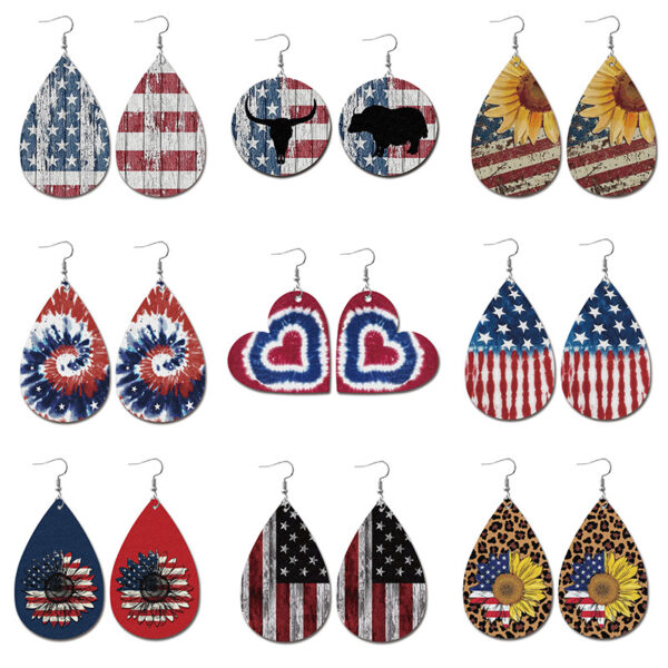 Wholesale Independence Day Water Drop American Flag Distressed Leather Earrings