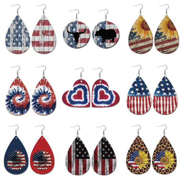 Wholesale Independence Day Water Drop American Flag Distressed Leather Earrings