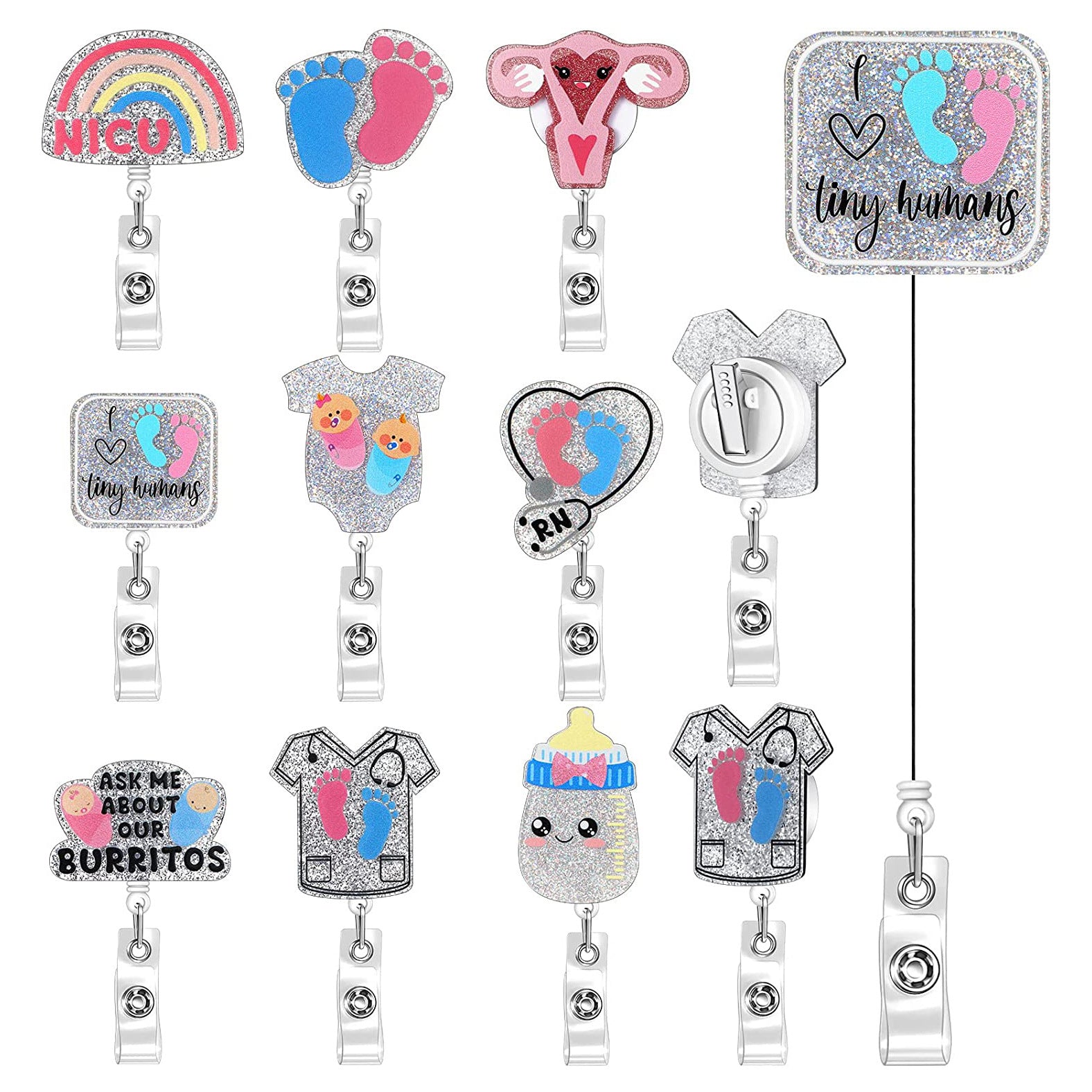 Wholesale Badge Reels Glitter Acrylic Baby Bottle Rainbow Retractable Keychain