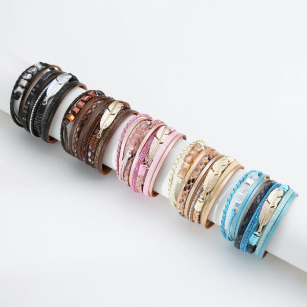 Wholesale Bohemian Crystal Feather Leather Bracelet