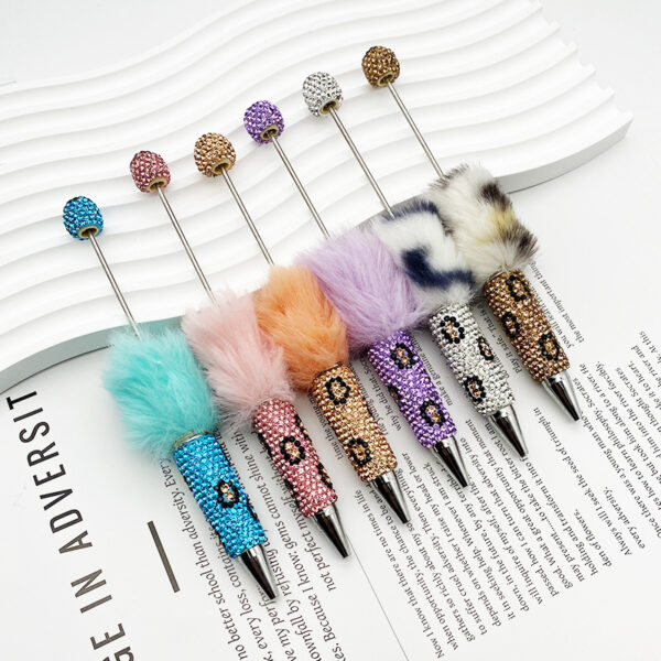 Wholesale Beadable Pen Plastic Creative Plush Ball Leopard Print Full Diamond DIY