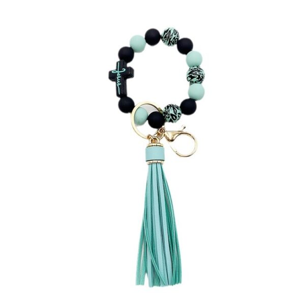 Wholesale Leopard Cross Silicone Beaded Tassel Wrist Keychain