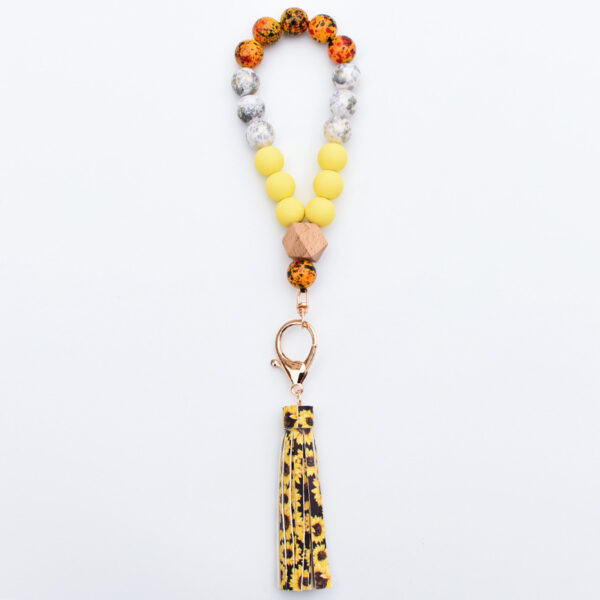 Wholesale Wooden Bead PU Printed Tassel Pendant Wrist Keychain