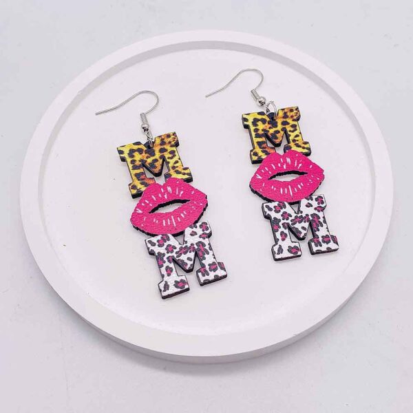 Wholesale Mother's Day MOM Leopard Pink Lip Print Wooden Earrings