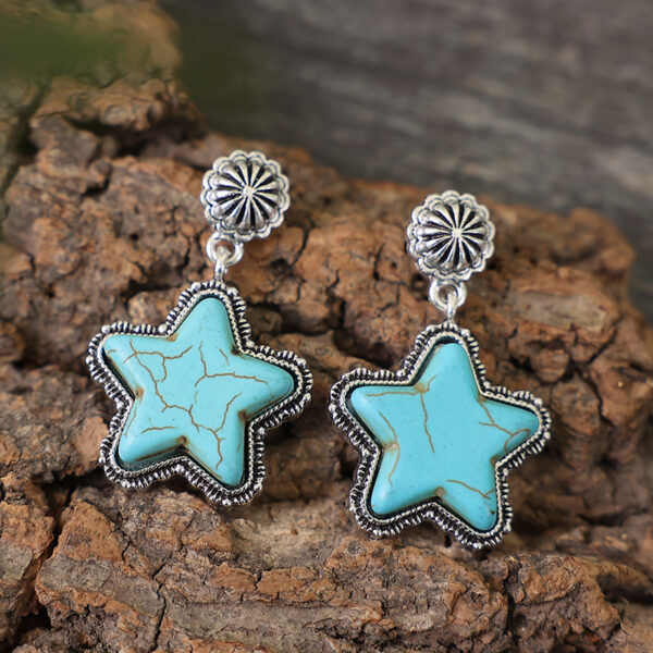 O1CN01eWMrD11qyMWuekYFQ_2206372095564-0-cib-1 Wholesale of Western Fengda Five-point Star Turquoise Alloy Earrings