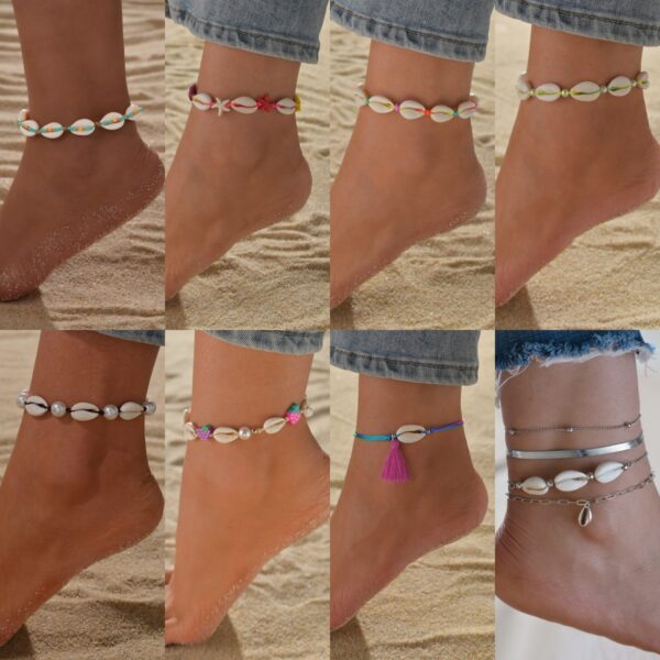 Wholesale Vintage Shell Beaded Pink Tassel Anklet