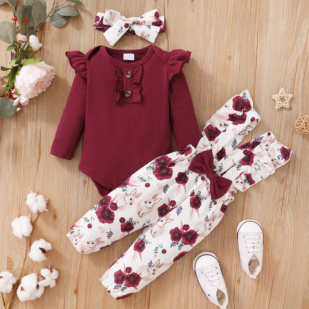 Wholesale Spring and Autumn Solid Color Long-sled Top + Flower Printed Suspenders Three-piece Set