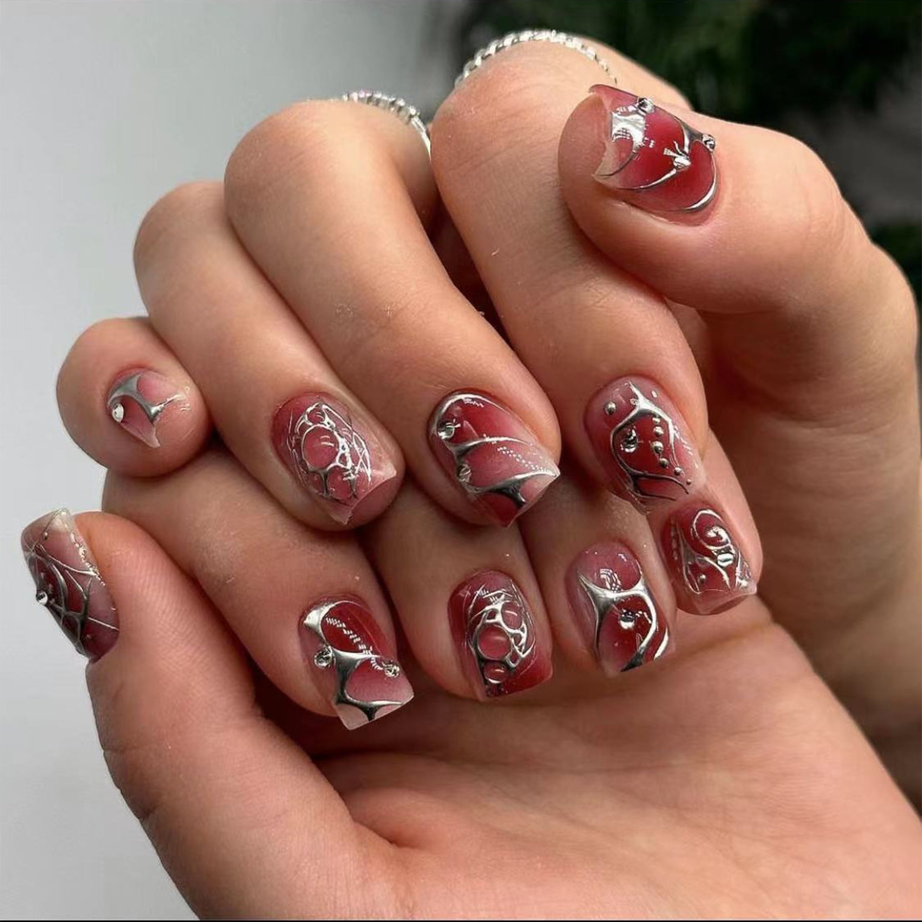 Wholesale Red Smudge Short Square Blush Sier Graiti Scratch Nail Stickers