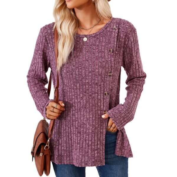 Wholesale Autumn and Winter Round Neck Solid Color Patchwork Button Long Sleeve Loose T-shirt