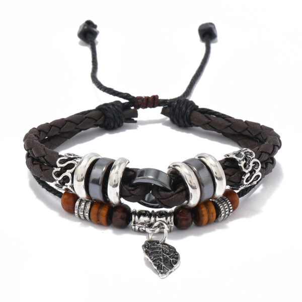 Wholesale Beaded Multi-layer Woven Leaves Men's Leather Bracelet