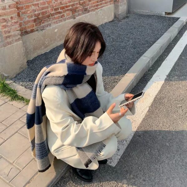 Wholesale Winter Faux Cashmere Acrylic Blue Plaid Scarf