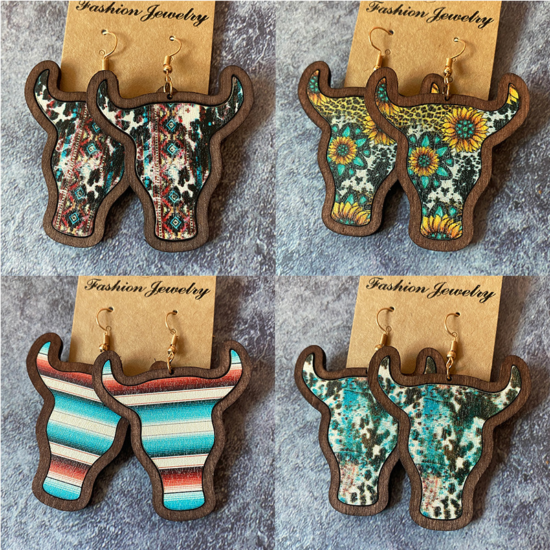 Wholesale Western-style vintage wooden earrings, bull head inlaid bohemian style earrings