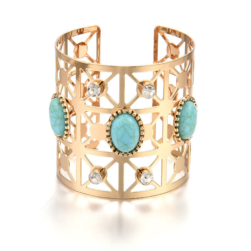 Wholesale Exaerated Metal Oval Turquoise Open Hollow Bracelet
