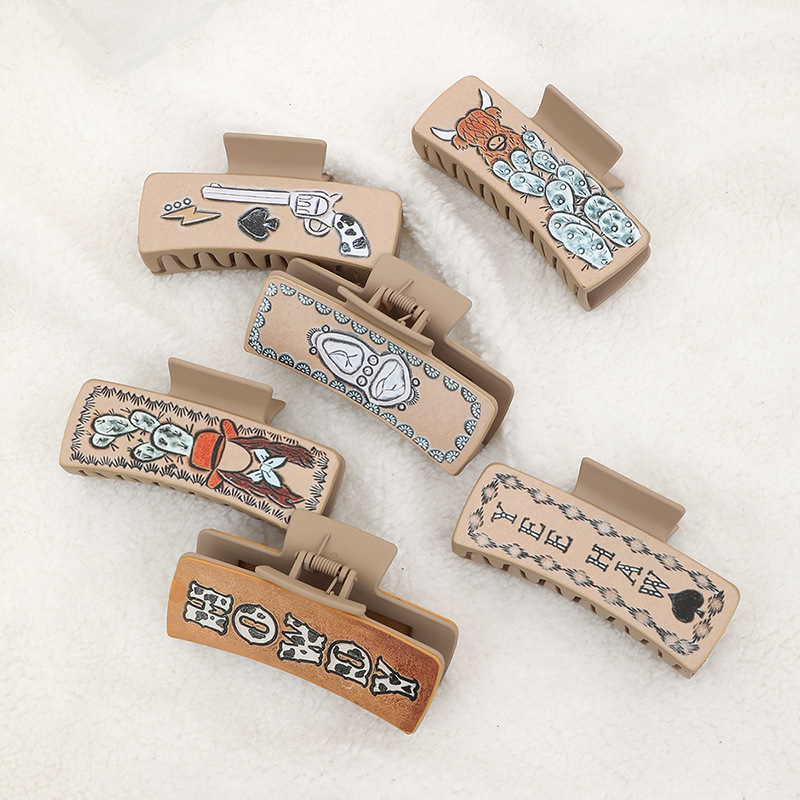 Wholesale Western Denim Style Cactus English Letters Leather Women's Hairpin Grab Clip Shark Clip AliExpress Amazon Xi
