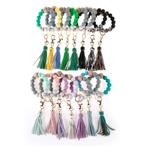Wholesale Leopard Print Silicone Beaded Tassel Wrist Keychain