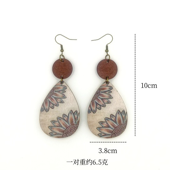 Wholesale Western style Wooden Printing Retro Sunflower Tauren Earrings