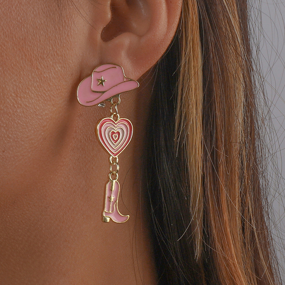 Wholesale Western Cowboy Style Hat Heart Cowboy Boots Oil op Earrings