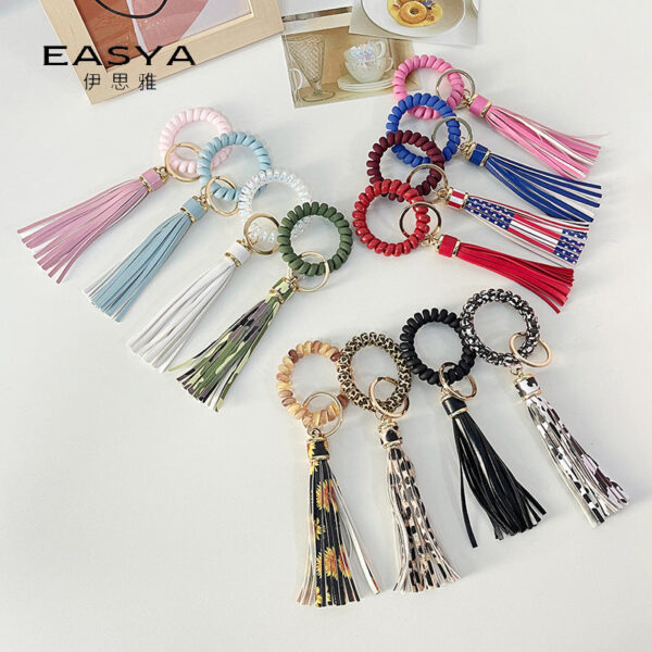 Wholesale Bracelet Phone Cord PU Leopard Tassel Anti-lost Keychains