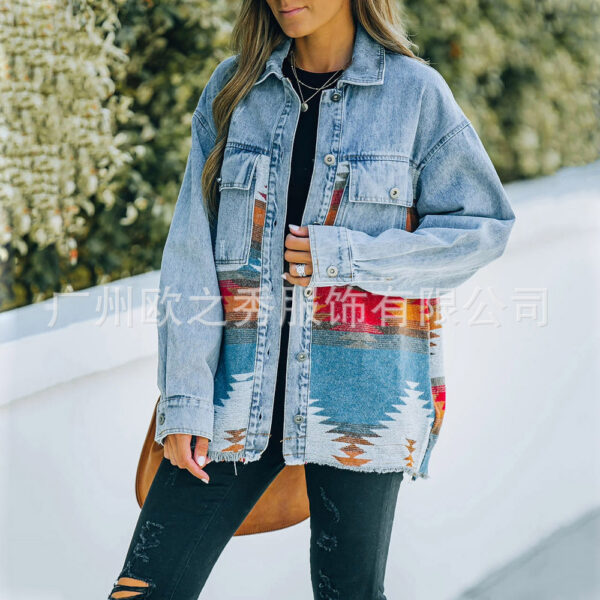 Wholesale Denim Stitching Raw Edge Mid Length Jacket Women Clothes