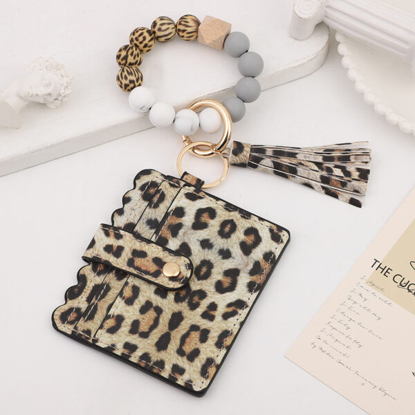 Wholesale Leopard Silicone Beaded Leather Tassel Card Bag Wrist Keychain